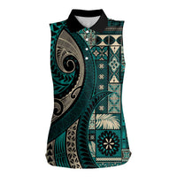 Vintage Samoa Siapo Mamanu Women Sleeveless Polo Shirt Teal Samoan Tapa Motif LT9 Female Teal - Polynesian Pride