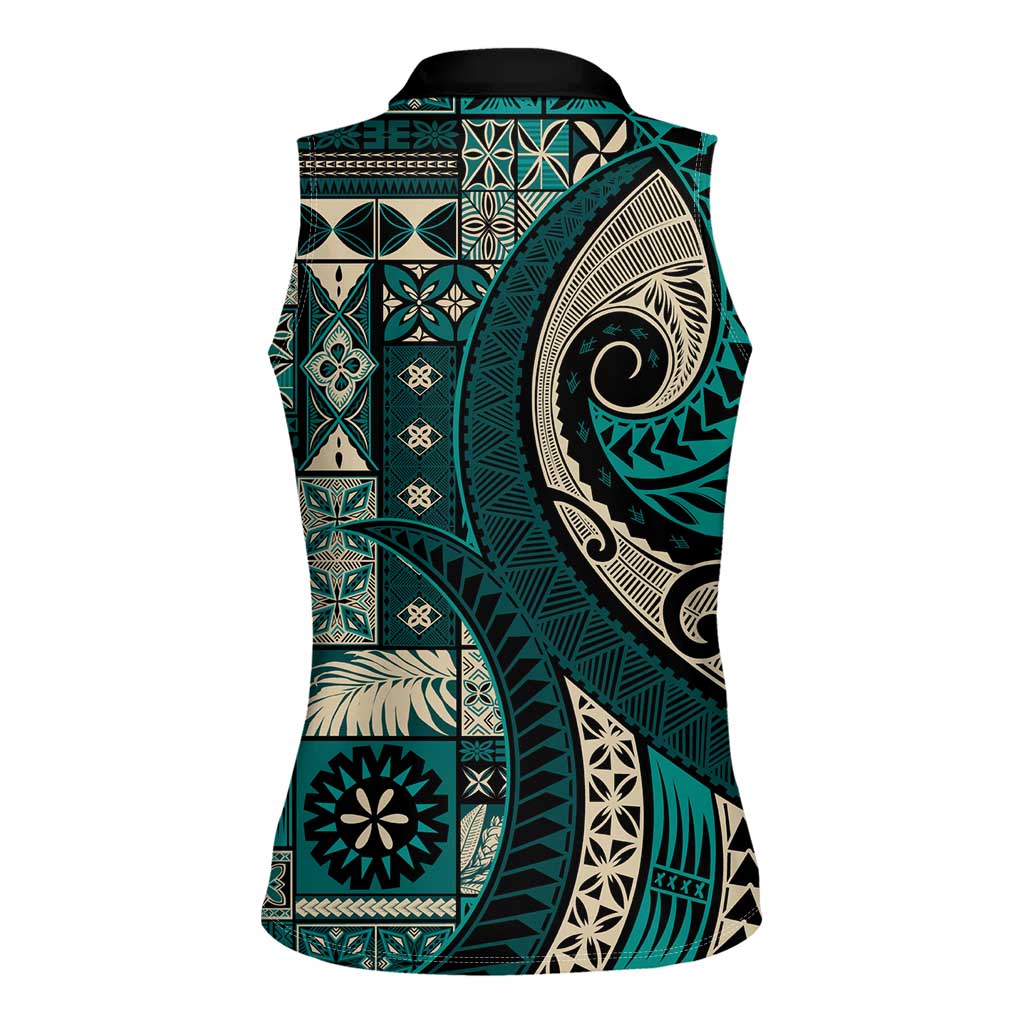 Vintage Samoa Siapo Mamanu Women Sleeveless Polo Shirt Teal Samoan Tapa Motif LT9 - Polynesian Pride