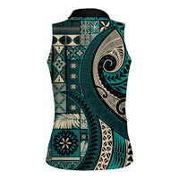 Vintage Samoa Siapo Mamanu Women Sleeveless Polo Shirt Teal Samoan Tapa Motif LT9 - Polynesian Pride