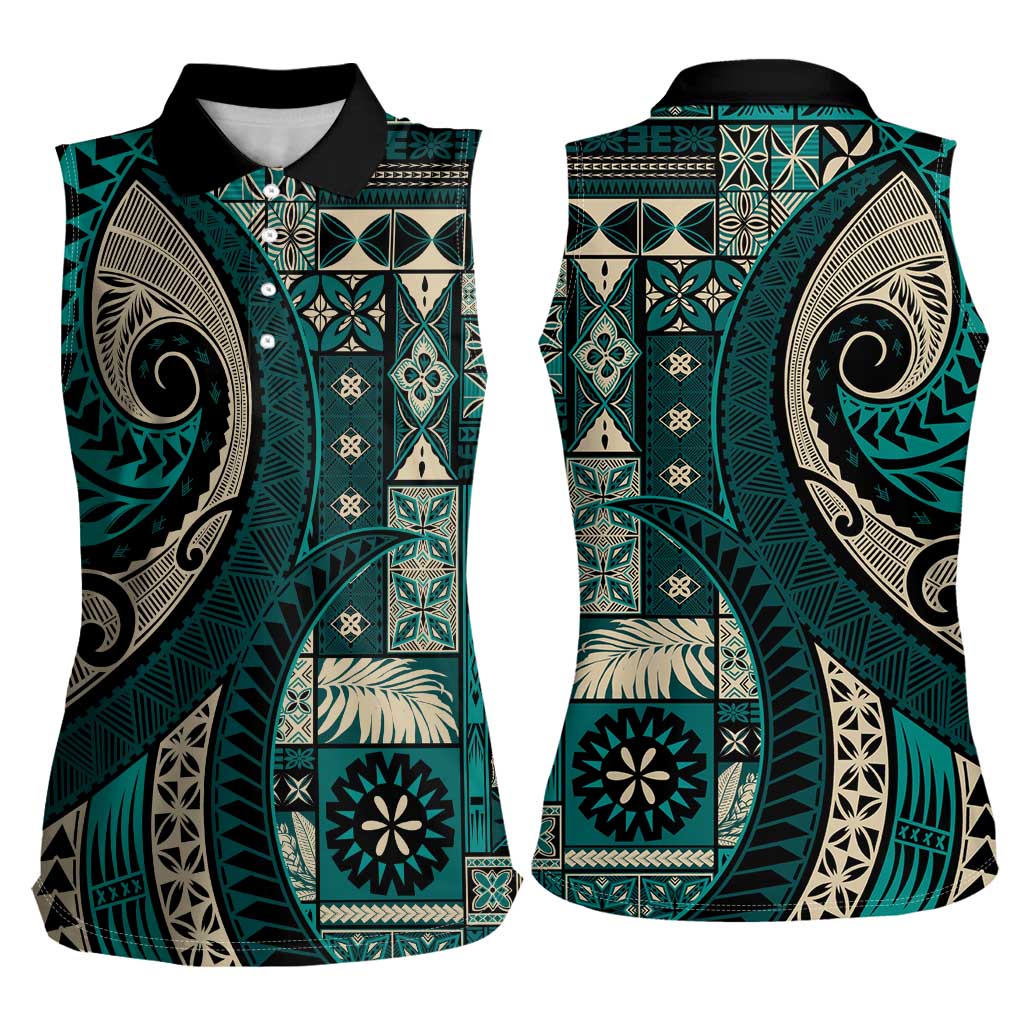 Vintage Samoa Siapo Mamanu Women Sleeveless Polo Shirt Teal Samoan Tapa Motif LT9 - Polynesian Pride