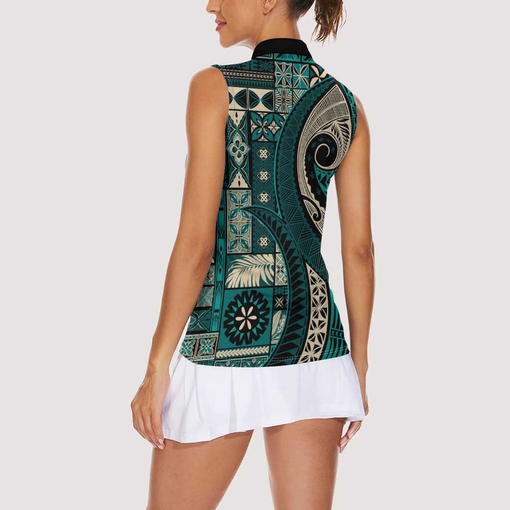 Vintage Samoa Siapo Mamanu Women Sleeveless Polo Shirt Teal Samoan Tapa Motif LT9 - Polynesian Pride