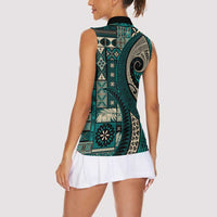 Vintage Samoa Siapo Mamanu Women Sleeveless Polo Shirt Teal Samoan Tapa Motif LT9 - Polynesian Pride