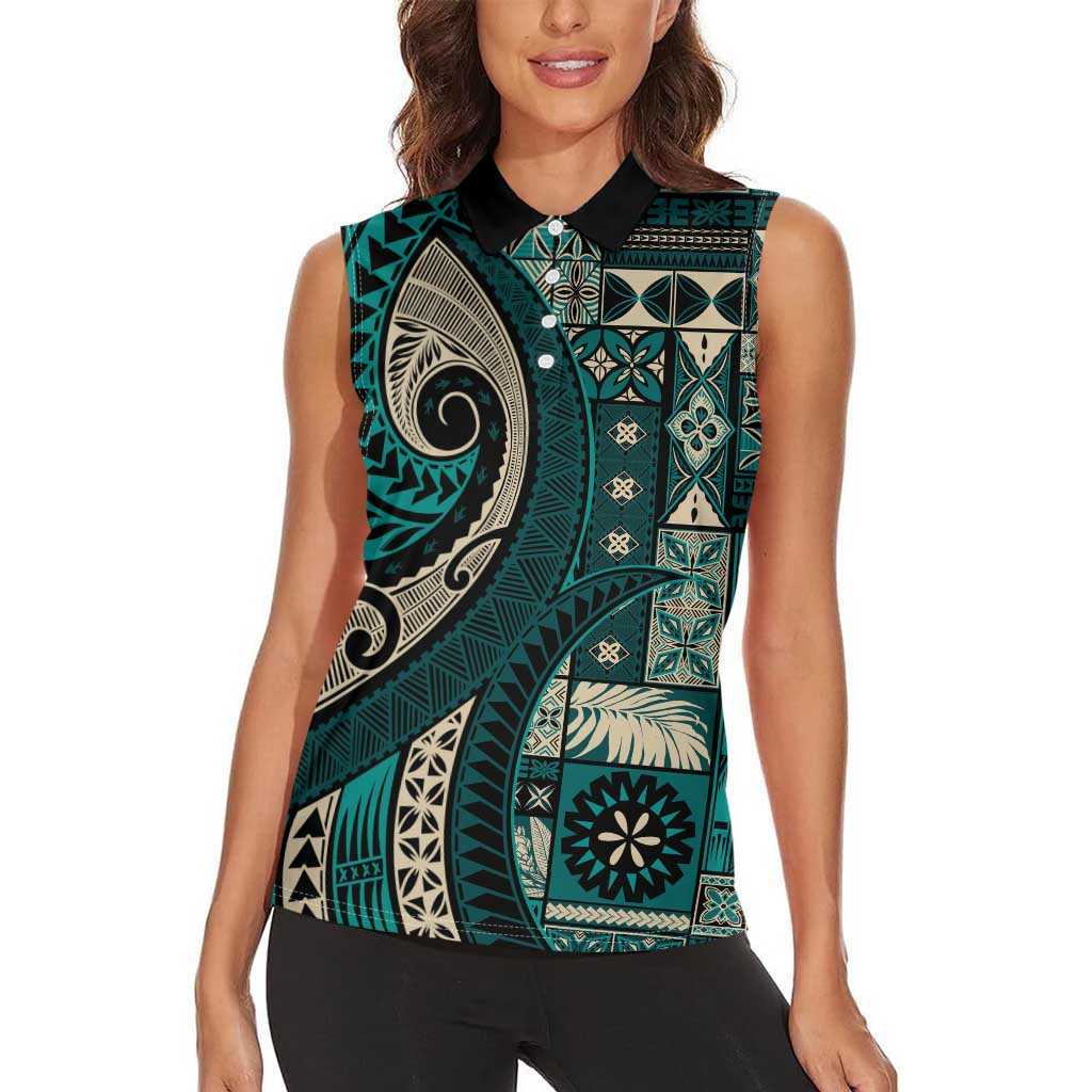 Vintage Samoa Siapo Mamanu Women Sleeveless Polo Shirt Teal Samoan Tapa Motif LT9 - Polynesian Pride