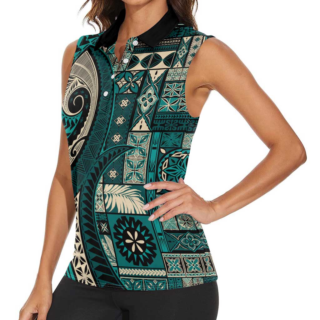 Vintage Samoa Siapo Mamanu Women Sleeveless Polo Shirt Teal Samoan Tapa Motif LT9 - Polynesian Pride