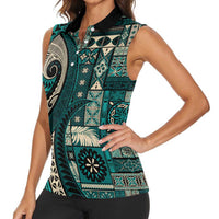 Vintage Samoa Siapo Mamanu Women Sleeveless Polo Shirt Teal Samoan Tapa Motif LT9 - Polynesian Pride