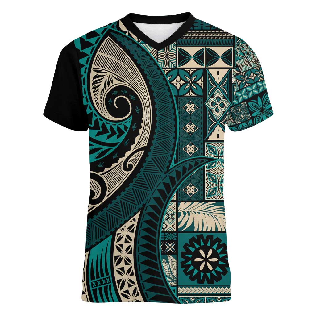Vintage Samoa Siapo Mamanu Women V-Neck T-Shirt Teal Samoan Tapa Motif LT9 Female Teal - Polynesian Pride