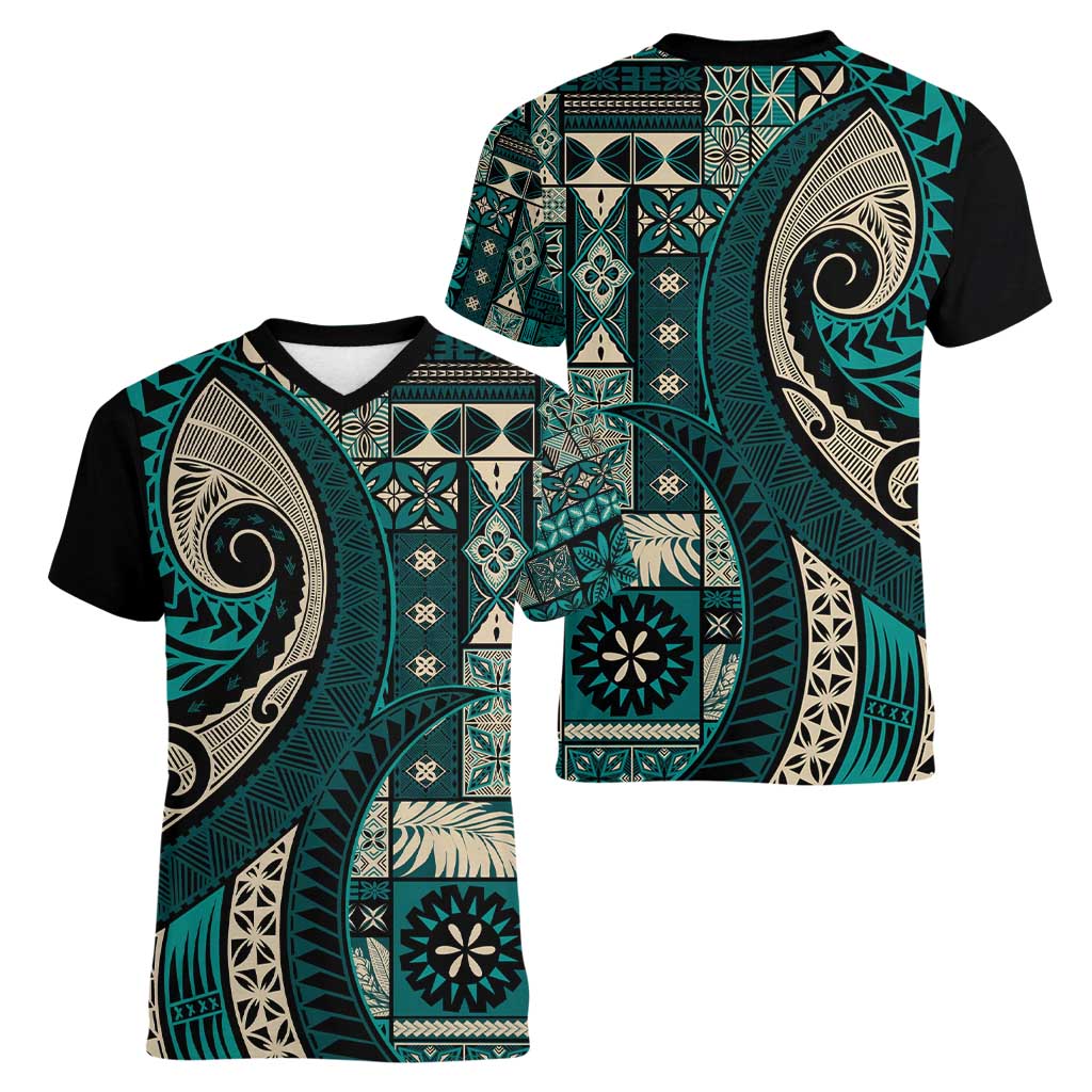 Vintage Samoa Siapo Mamanu Women V-Neck T-Shirt Teal Samoan Tapa Motif LT9 - Polynesian Pride