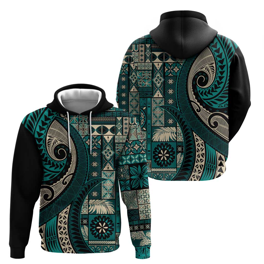 Vintage Samoa Siapo Mamanu Zip Hoodie Teal Samoan Tapa Motif - Polynesian Pride