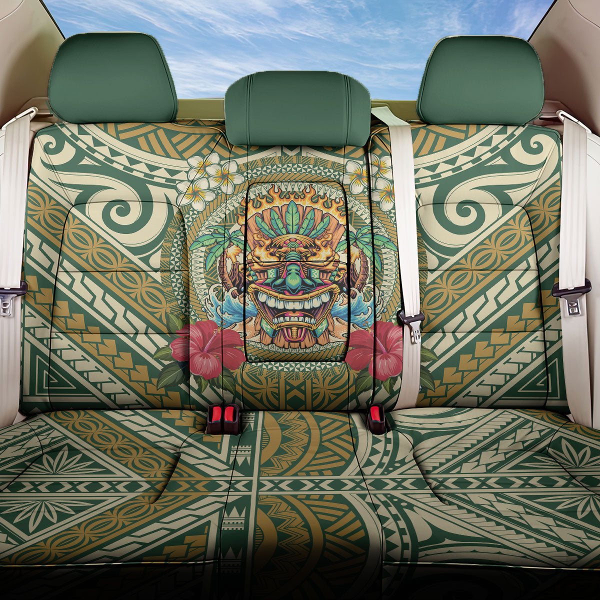 Hawaii Tiki Mask Back Car Seat Cover Mele Kalikimaka i Iulai! LT9 One Size Green - Polynesian Pride