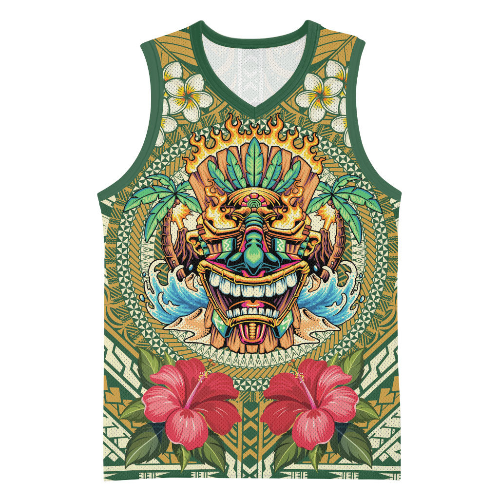 Hawaii Tiki Mask Personalized Basketball Jersey Mele Kalikimaka i Iulai! LT9 Unisex Green - Polynesian Pride