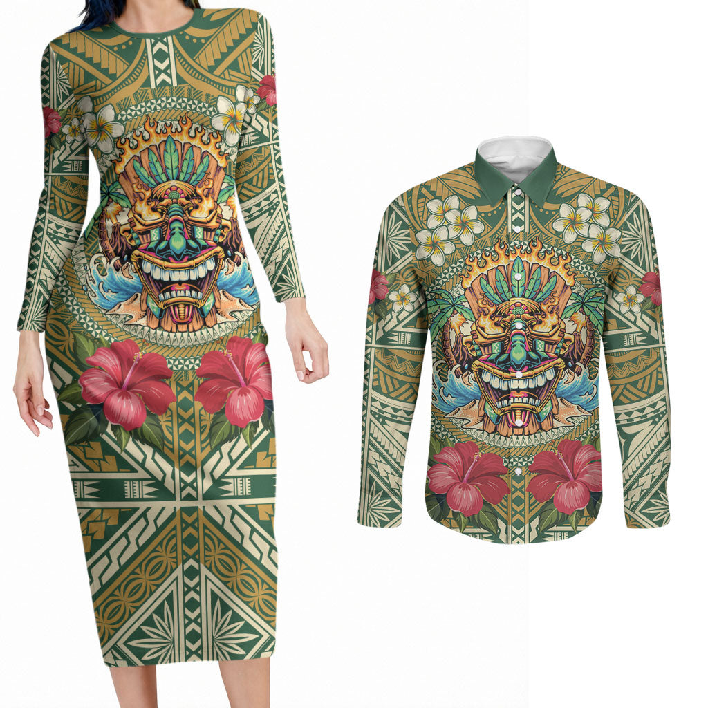 Hawaii Tiki Mask Personalized Couples Matching Long Sleeve Bodycon Dress and Long Sleeve Button Shirt Mele Kalikimaka i Iulai! LT9 Green - Polynesian Pride