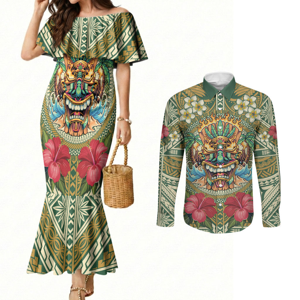 Hawaii Tiki Mask Personalized Couples Matching Mermaid Dress and Long Sleeve Button Shirt Mele Kalikimaka i Iulai! LT9 Green - Polynesian Pride