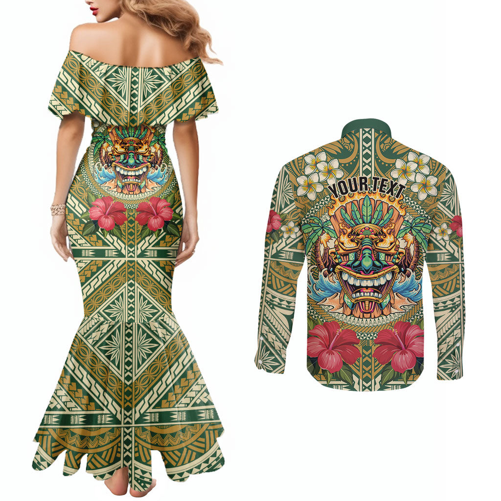 Hawaii Tiki Mask Personalized Couples Matching Mermaid Dress and Long Sleeve Button Shirt Mele Kalikimaka i Iulai! LT9 - Polynesian Pride