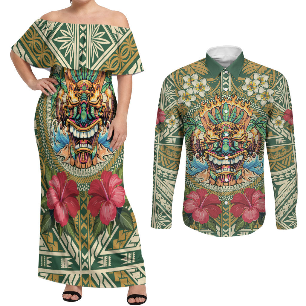 Hawaii Tiki Mask Personalized Couples Matching Off Shoulder Maxi Dress and Long Sleeve Button Shirt Mele Kalikimaka i Iulai! LT9 Green - Polynesian Pride