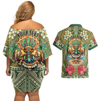 Hawaii Tiki Mask Personalized Couples Matching Off Shoulder Short Dress and Hawaiian Shirt Mele Kalikimaka i Iulai! LT9 - Polynesian Pride