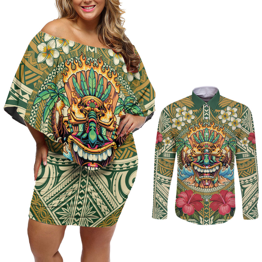 Hawaii Tiki Mask Personalized Couples Matching Off Shoulder Short Dress and Long Sleeve Button Shirt Mele Kalikimaka i Iulai! LT9 Green - Polynesian Pride