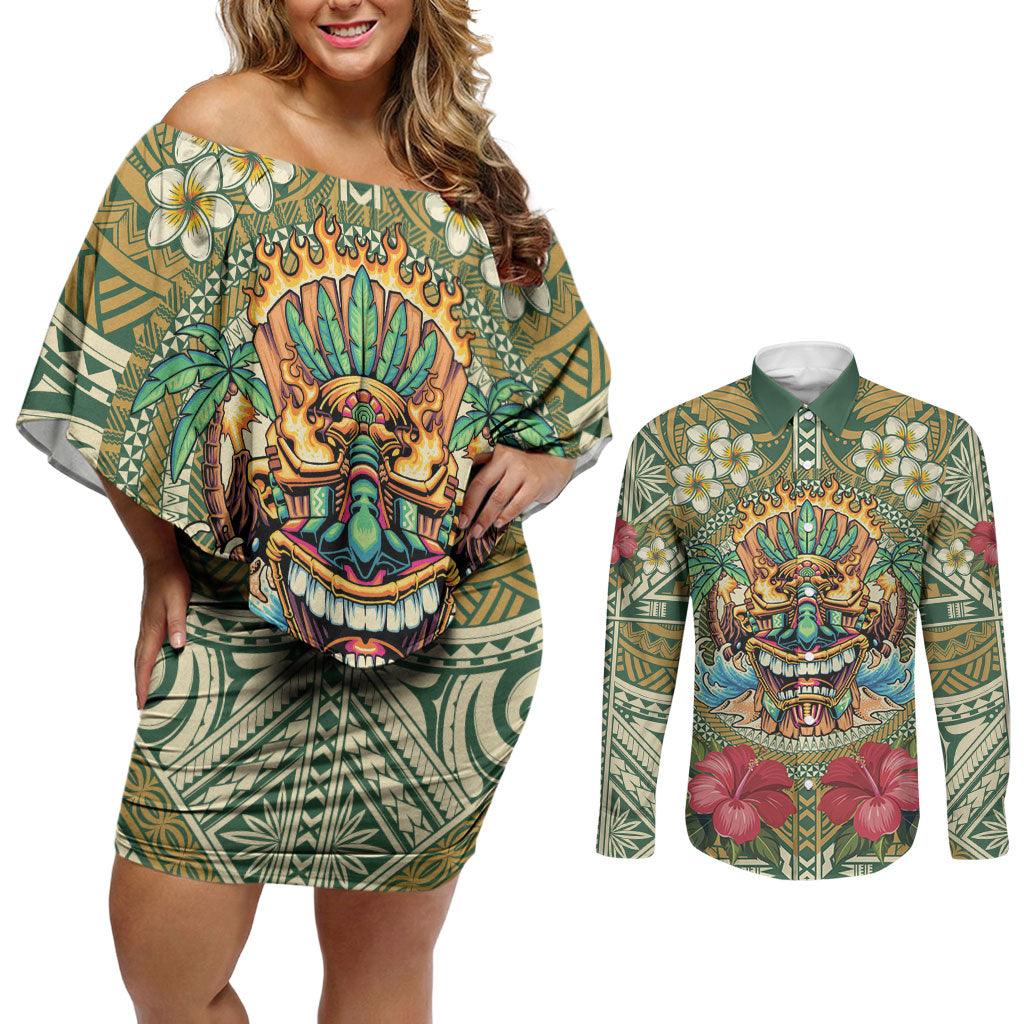 Hawaii Tiki Mask Personalized Couples Matching Off Shoulder Short Dress and Long Sleeve Button Shirt Mele Kalikimaka i Iulai! LT9 Green - Polynesian Pride