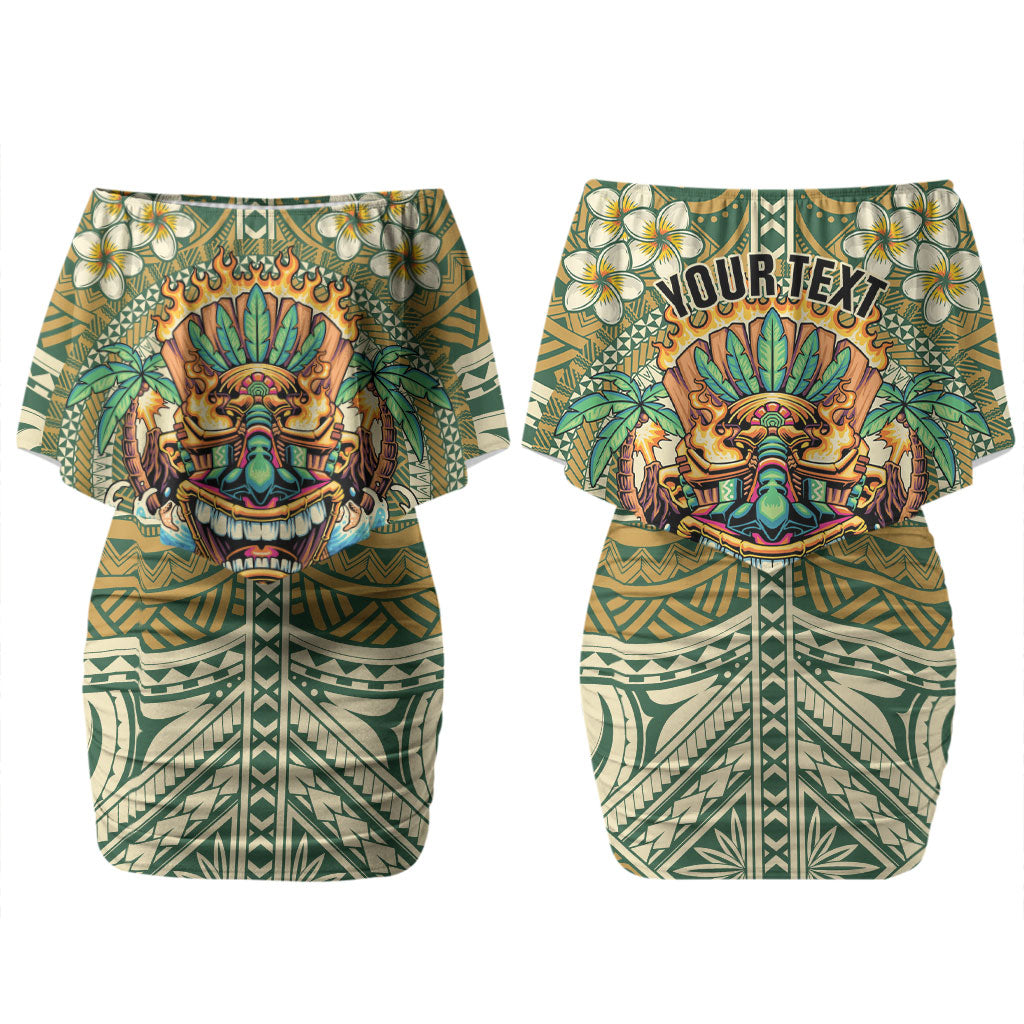 Hawaii Tiki Mask Personalized Couples Matching Off Shoulder Short Dress and Long Sleeve Button Shirt Mele Kalikimaka i Iulai! LT9 - Polynesian Pride