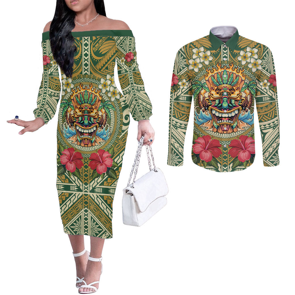 Hawaii Tiki Mask Personalized Couples Matching Off The Shoulder Long Sleeve Dress and Long Sleeve Button Shirt Mele Kalikimaka i Iulai! LT9 Green - Polynesian Pride