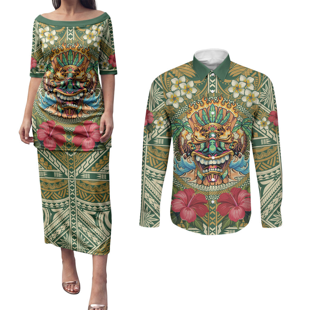 Hawaii Tiki Mask Personalized Couples Matching Puletasi and Long Sleeve Button Shirt Mele Kalikimaka i Iulai! LT9 Green - Polynesian Pride