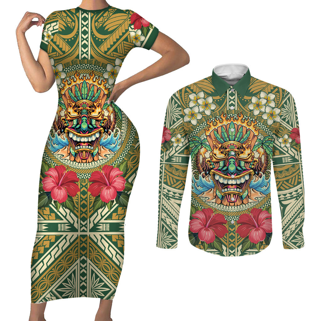 Hawaii Tiki Mask Personalized Couples Matching Short Sleeve Bodycon Dress and Long Sleeve Button Shirt Mele Kalikimaka i Iulai! LT9 Green - Polynesian Pride