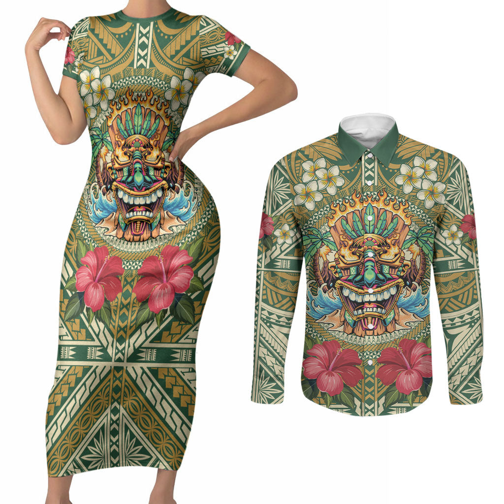 Hawaii Tiki Mask Personalized Couples Matching Short Sleeve Bodycon Dress and Long Sleeve Button Shirt Mele Kalikimaka i Iulai! LT9 Green - Polynesian Pride