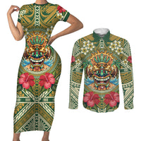Hawaii Tiki Mask Personalized Couples Matching Short Sleeve Bodycon Dress and Long Sleeve Button Shirt Mele Kalikimaka i Iulai! LT9 Green - Polynesian Pride