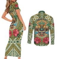 Hawaii Tiki Mask Personalized Couples Matching Short Sleeve Bodycon Dress and Long Sleeve Button Shirt Mele Kalikimaka i Iulai! LT9 - Polynesian Pride