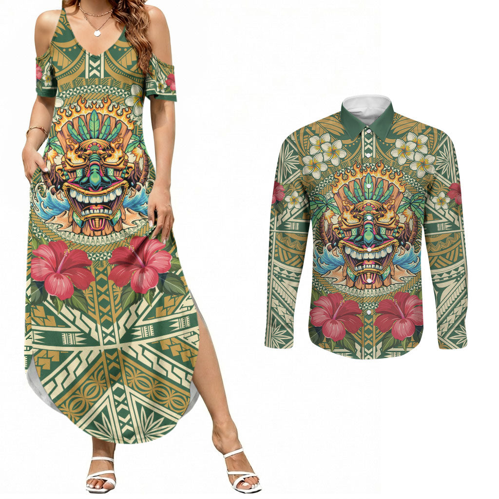 Hawaii Tiki Mask Personalized Couples Matching Summer Maxi Dress and Long Sleeve Button Shirt Mele Kalikimaka i Iulai! LT9 Green - Polynesian Pride