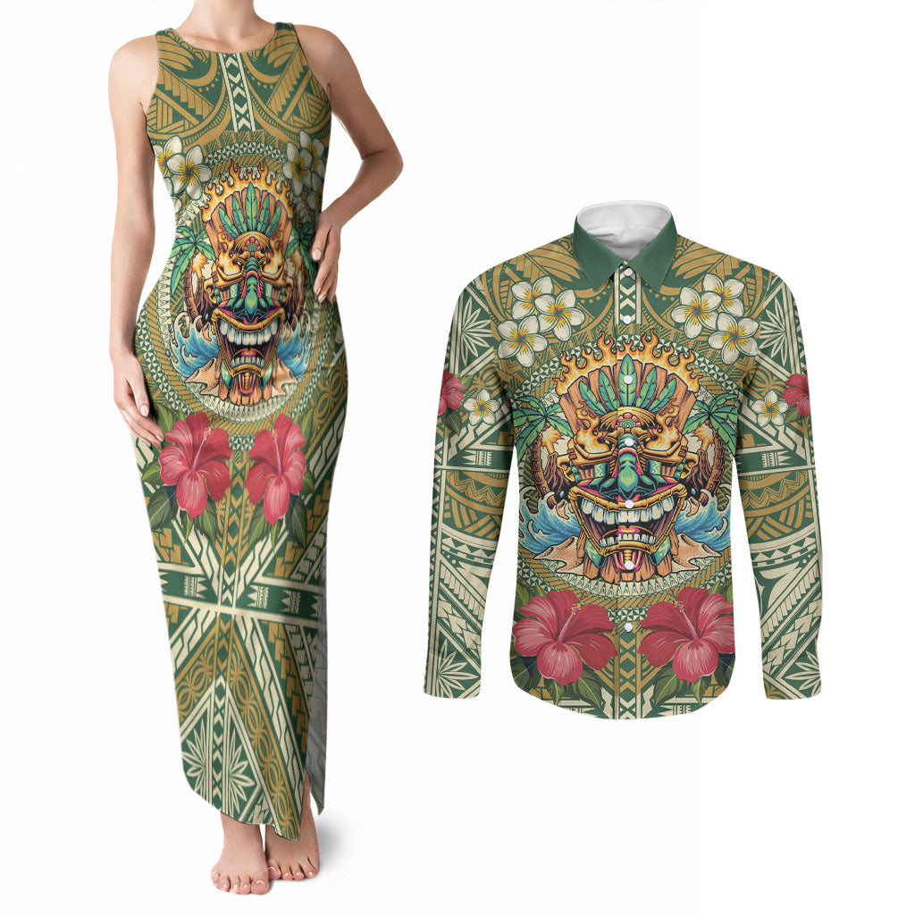 Hawaii Tiki Mask Personalized Couples Matching Tank Maxi Dress and Long Sleeve Button Shirt Mele Kalikimaka i Iulai! LT9 Green - Polynesian Pride
