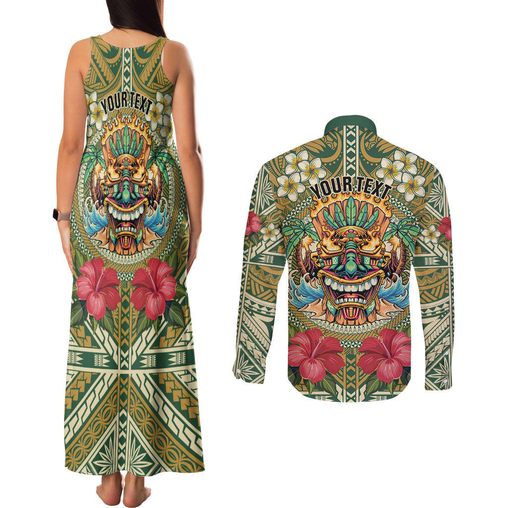 Hawaii Tiki Mask Personalized Couples Matching Tank Maxi Dress and Long Sleeve Button Shirt Mele Kalikimaka i Iulai! LT9 - Polynesian Pride