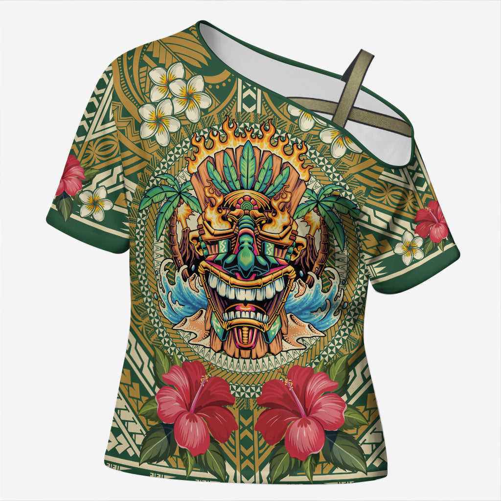 Hawaii Tiki Mask Personalized Cross Shoulder Shirt Mele Kalikimaka i Iulai! LT9 Female Green - Polynesian Pride