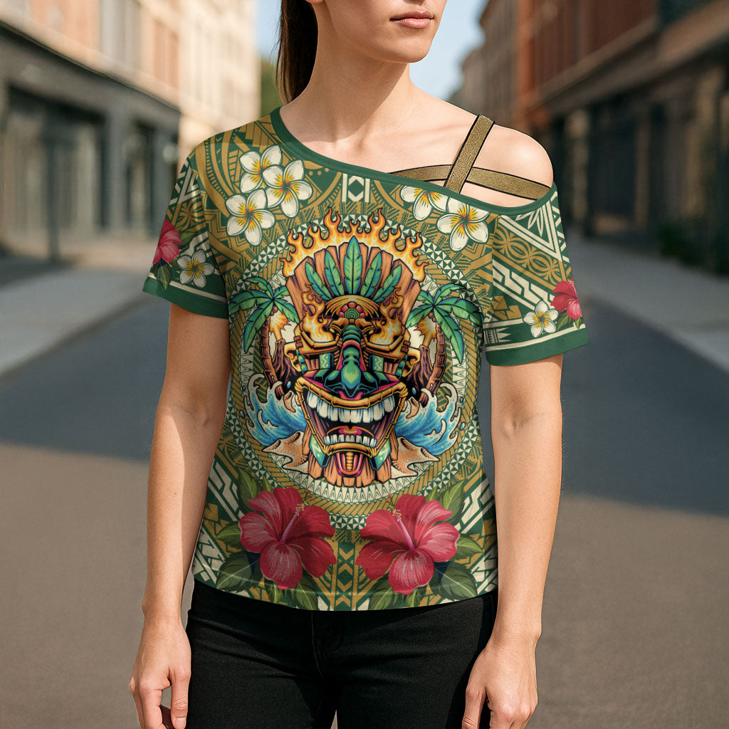 Hawaii Tiki Mask Personalized Cross Shoulder Shirt Mele Kalikimaka i Iulai!