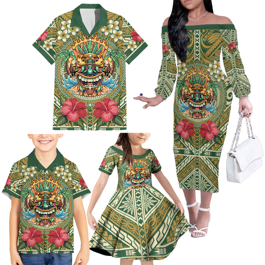 Hawaii Tiki Mask Personalized Family Matching Off The Shoulder Long Sleeve Dress and Hawaiian Shirt Mele Kalikimaka i Iulai! LT9 - Polynesian Pride