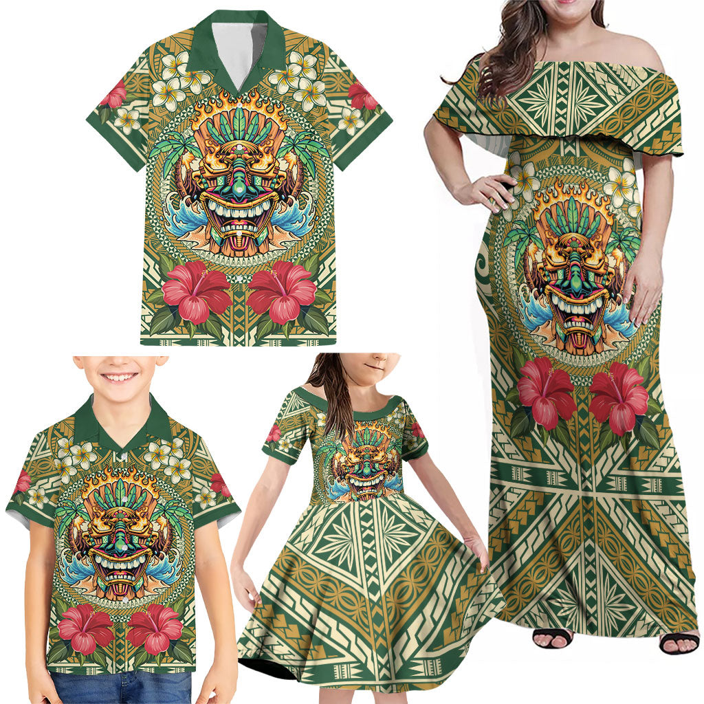Hawaii Tiki Mask Personalized Family Matching Off Shoulder Maxi Dress and Hawaiian Shirt Mele Kalikimaka i Iulai!