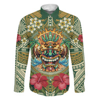 Hawaii Tiki Mask Personalized Family Matching Off Shoulder Maxi Dress and Hawaiian Shirt Mele Kalikimaka i Iulai! LT9 Dad's Shirt - Long Sleeve Green - Polynesian Pride