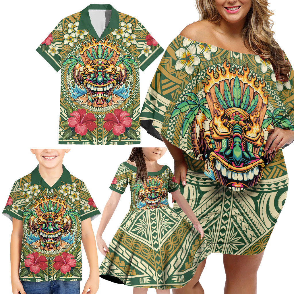 Hawaii Tiki Mask Personalized Family Matching Off Shoulder Short Dress and Hawaiian Shirt Mele Kalikimaka i Iulai! LT9 - Polynesian Pride