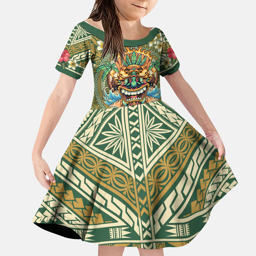 Hawaii Tiki Mask Personalized Family Matching Puletasi and Hawaiian Shirt Mele Kalikimaka i Iulai! LT9 Daughter's Dress Green - Polynesian Pride