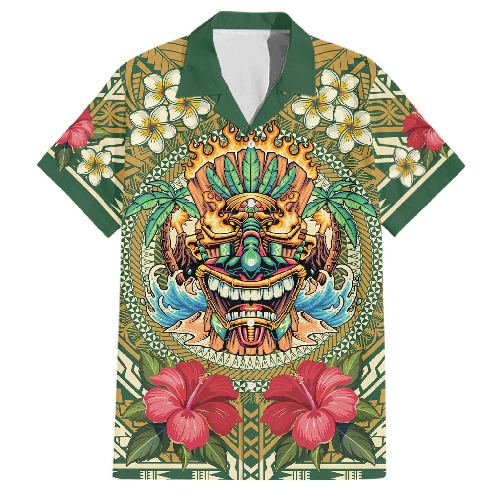 Hawaii Tiki Mask Personalized Family Matching Puletasi and Hawaiian Shirt Mele Kalikimaka i Iulai! LT9 Dad's Shirt - Short Sleeve Green - Polynesian Pride