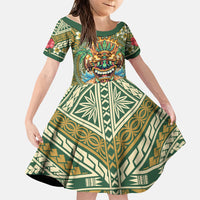 Hawaii Tiki Mask Personalized Family Matching Short Sleeve Bodycon Dress and Hawaiian Shirt Mele Kalikimaka i Iulai! LT9 Daughter's Dress Green - Polynesian Pride