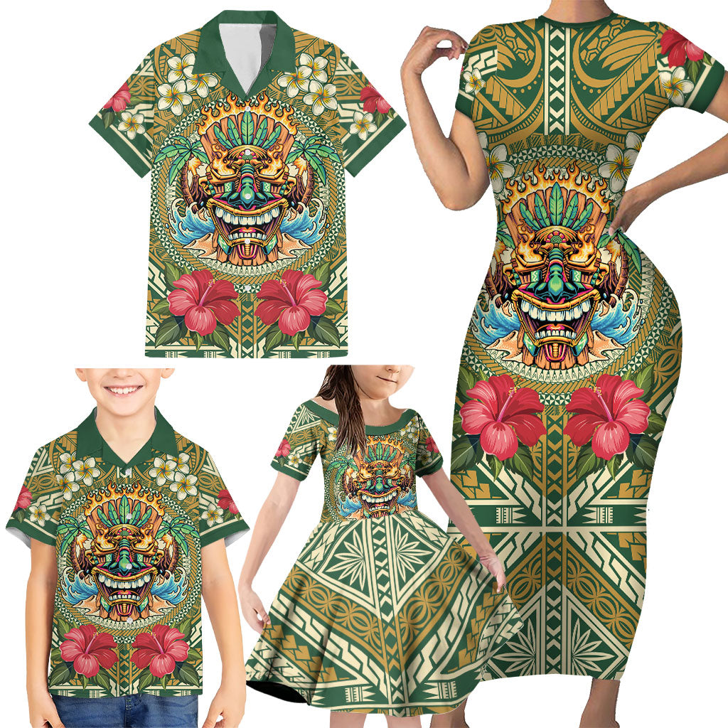 Hawaii Tiki Mask Personalized Family Matching Short Sleeve Bodycon Dress and Hawaiian Shirt Mele Kalikimaka i Iulai! LT9 - Polynesian Pride