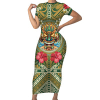 Hawaii Tiki Mask Personalized Family Matching Short Sleeve Bodycon Dress and Hawaiian Shirt Mele Kalikimaka i Iulai! LT9 Mom's Dress Green - Polynesian Pride