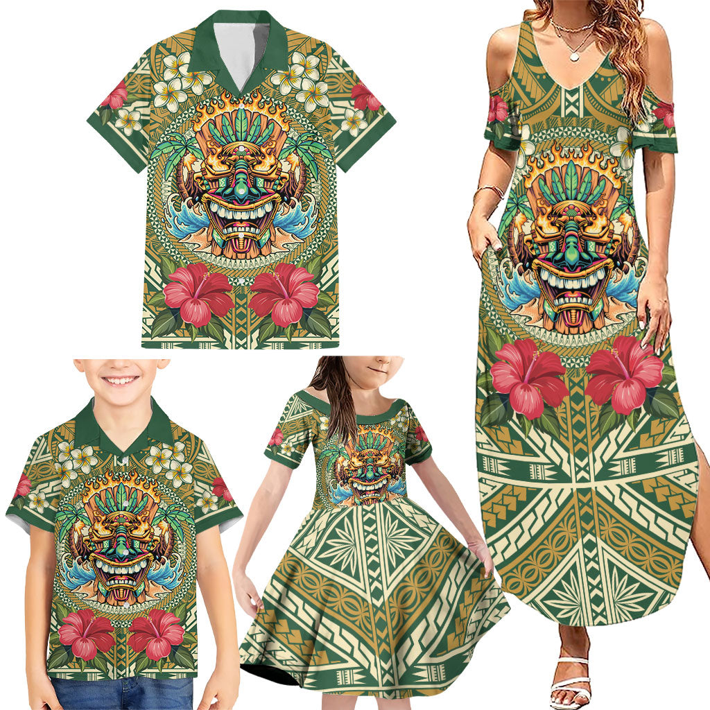 Hawaii Tiki Mask Personalized Family Matching Summer Maxi Dress and Hawaiian Shirt Mele Kalikimaka i Iulai!