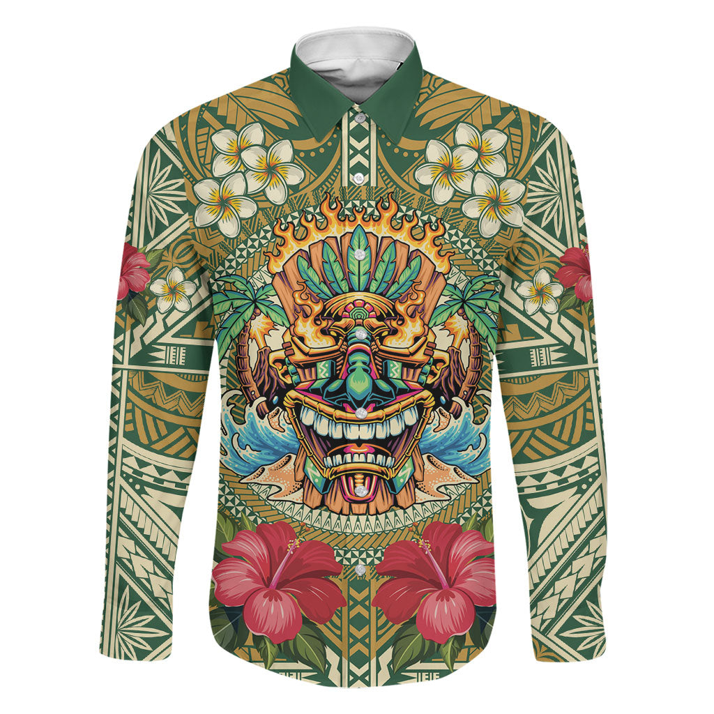 Hawaii Tiki Mask Personalized Family Matching Summer Maxi Dress and Hawaiian Shirt Mele Kalikimaka i Iulai! LT9 Dad's Shirt - Long Sleeve Green - Polynesian Pride