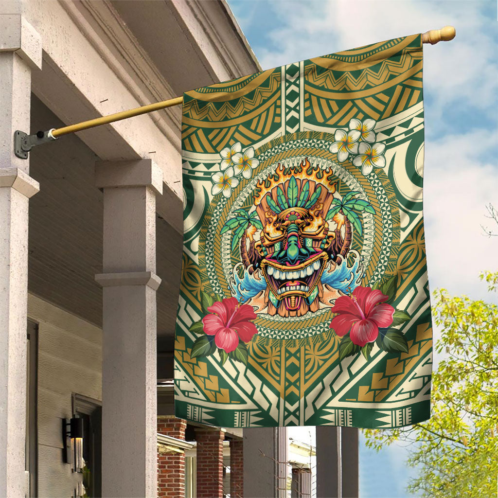 Hawaii Tiki Mask Garden Flag Mele Kalikimaka i Iulai! LT9 House Flag Green - Polynesian Pride