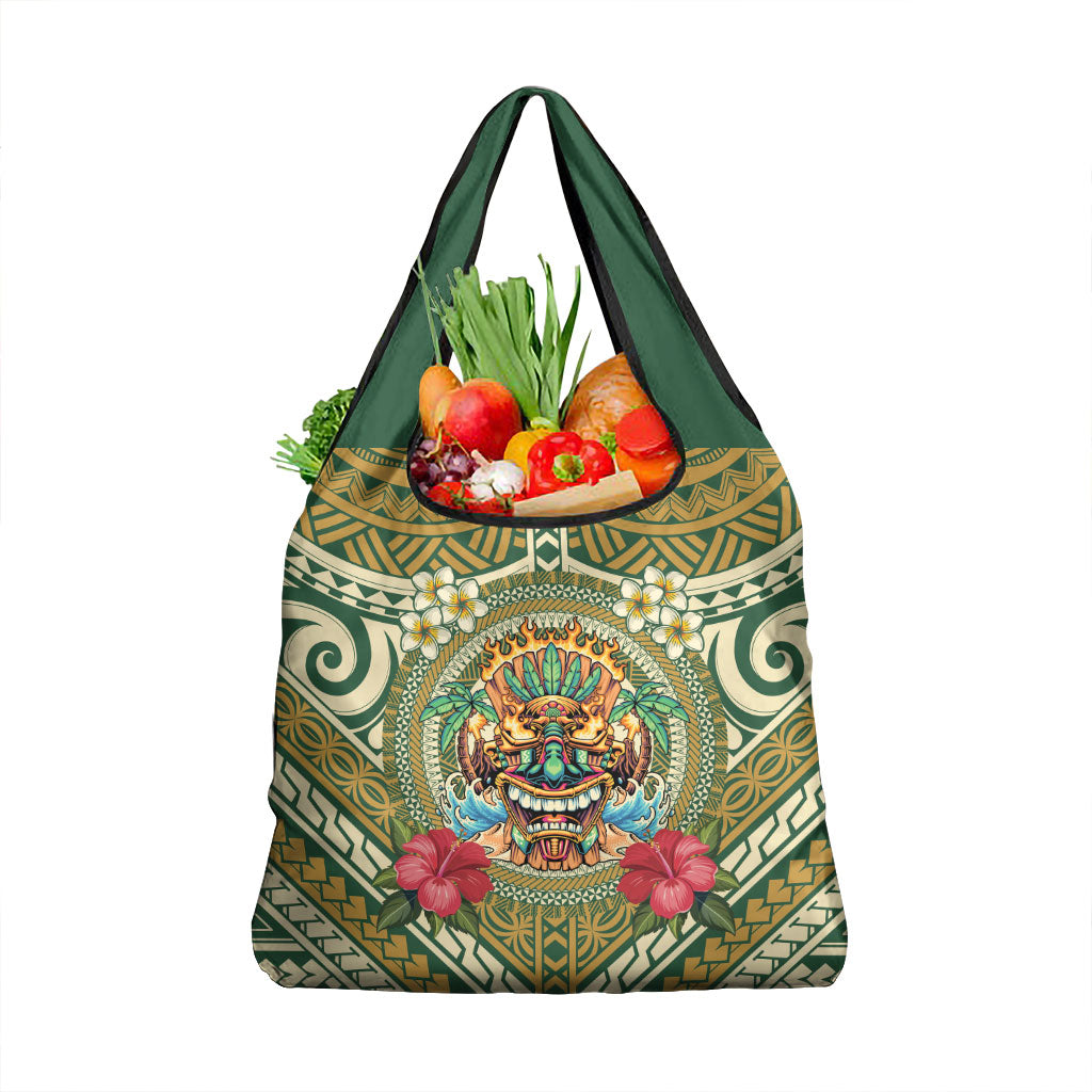 Hawaii Tiki Mask Grocery Bag Mele Kalikimaka i Iulai! LT9 1-pack One Size Green - Polynesian Pride
