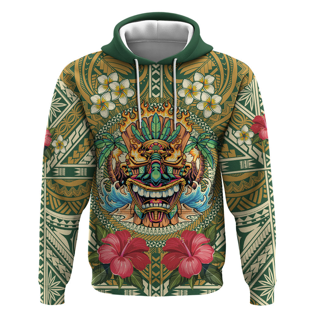 Hawaii Tiki Mask Personalized Hoodie Mele Kalikimaka i Iulai! LT9 Pullover Hoodie Green - Polynesian Pride