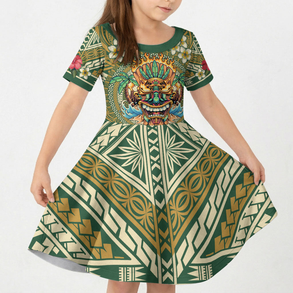 Hawaii Tiki Mask Personalized Kid Short Sleeve Dress Mele Kalikimaka i Iulai! LT9 KID Green - Polynesian Pride