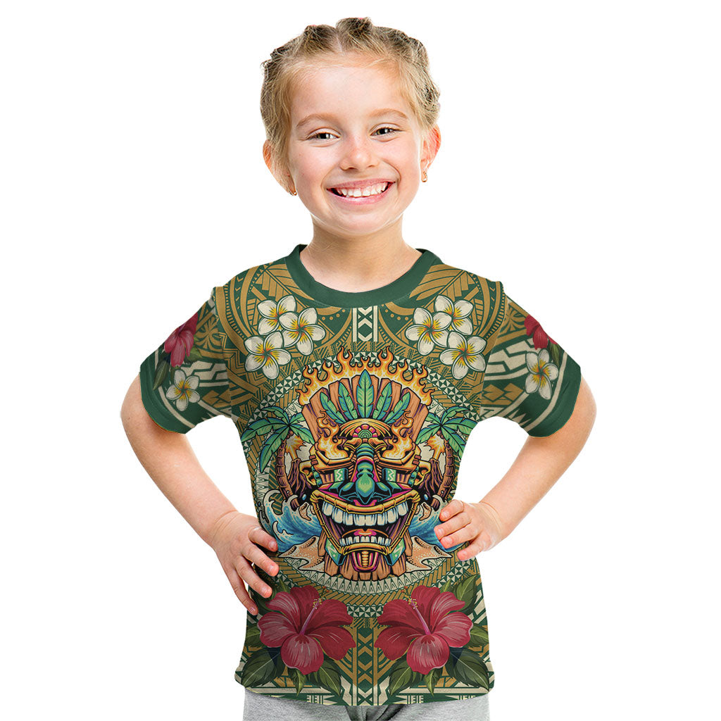 Hawaii Tiki Mask Personalized Kid T Shirt Mele Kalikimaka i Iulai! LT9 Green - Polynesian Pride