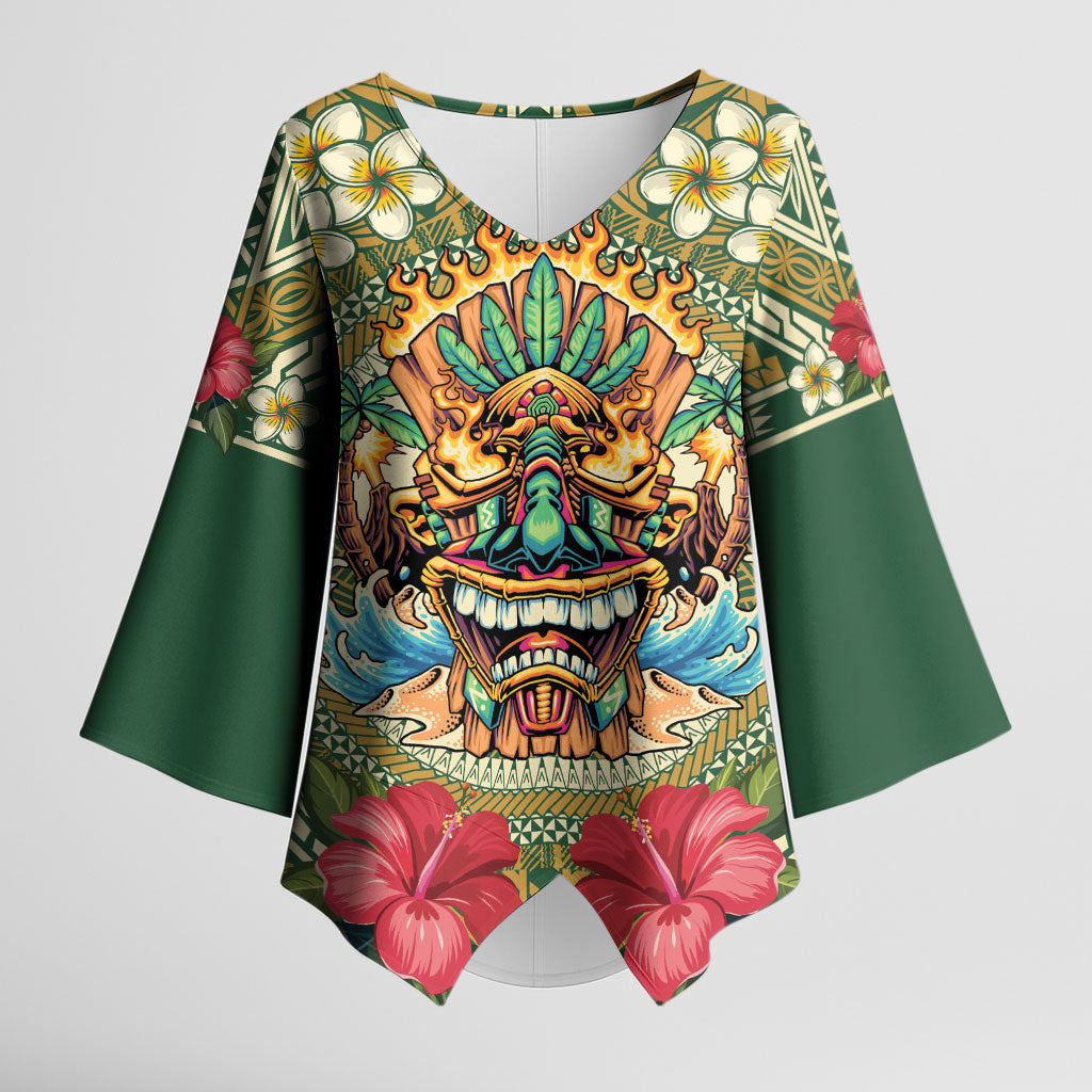Hawaii Tiki Mask Personalized Kimono Sleeve Blouse Mele Kalikimaka i Iulai! LT9 Female Green - Polynesian Pride